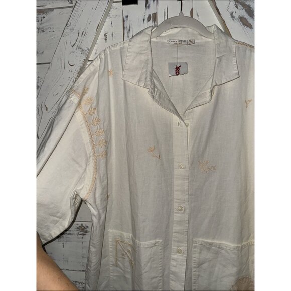 ZARA Home LINEN Cotton SHIRT House Coat ZW COLLECTION Embroidered Floral NWT L - Picture 6 of 11